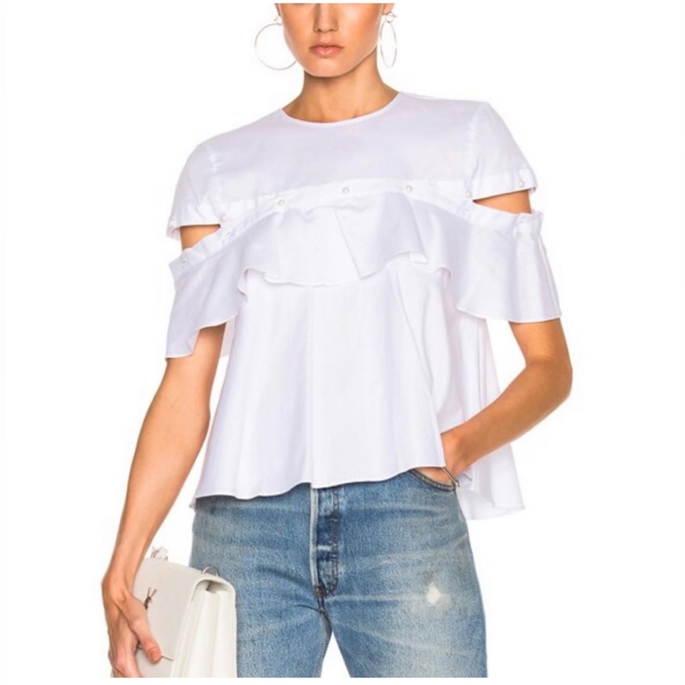 Jonathan Simkhai Pearl Button Cutout Ruffle Top in White Sz S